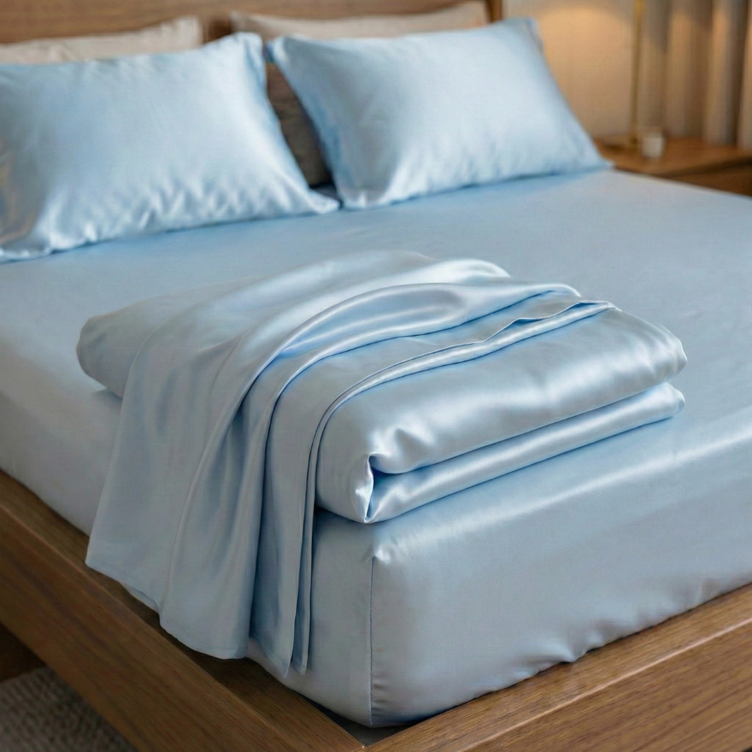 100% Cearșaf de pat din mătase naturală - „Albastru Senin”