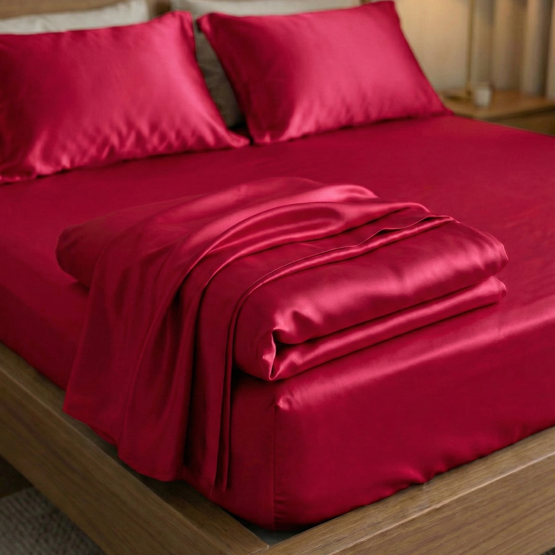 Cearșaf de pat din mătase 100% - „Roșu Elegant”