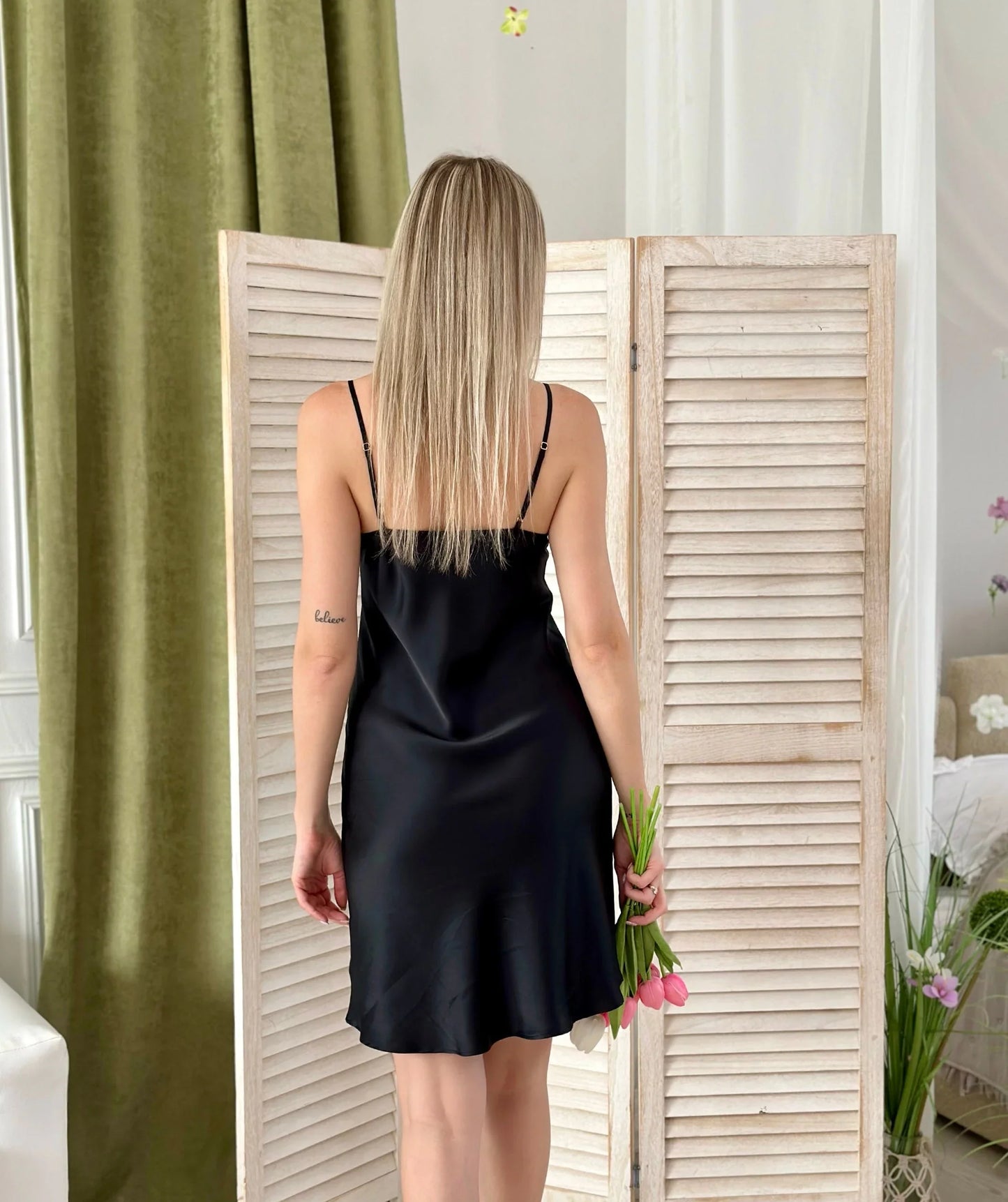 Elegant Black Silk Night Dress