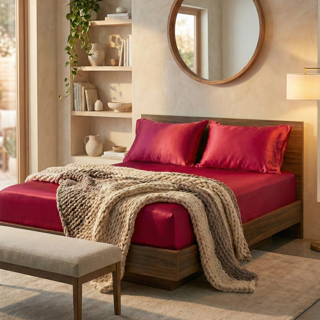 Cearșaf de pat din mătase 100% - „Roșu Elegant”